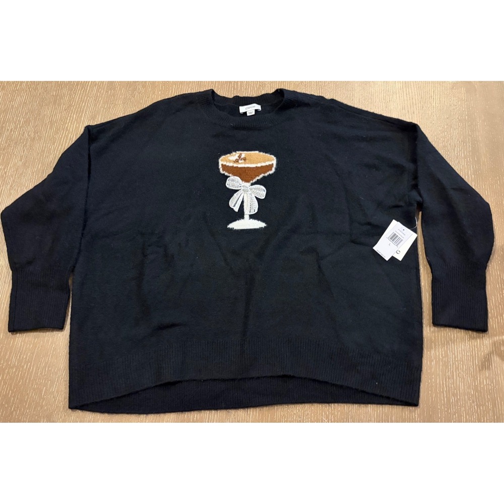 CeCe Women's Large Black Espresso Martini Bow Knit Pullover Sweater NWT